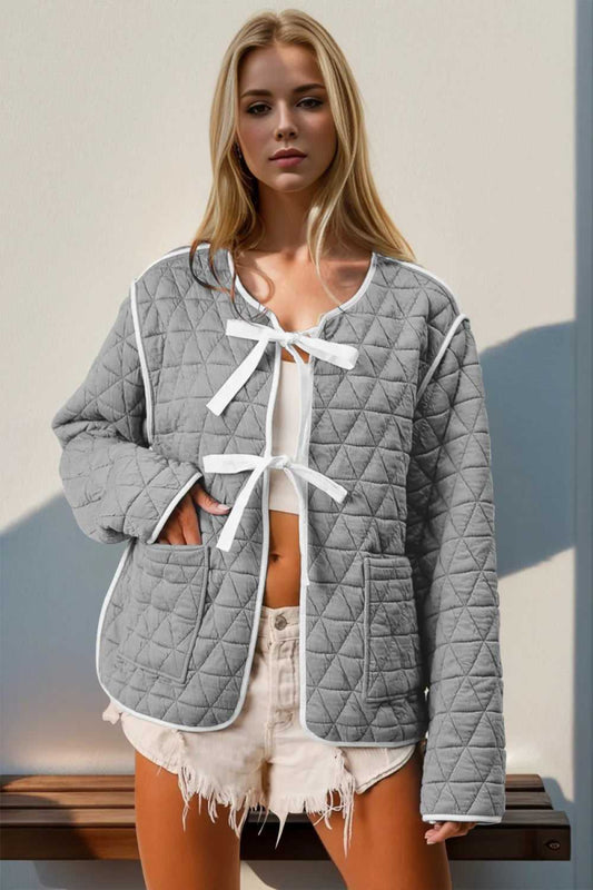 Double Take Contrast Trim Tie Front Quilted Jacket with Pockets - Hopeford Streams