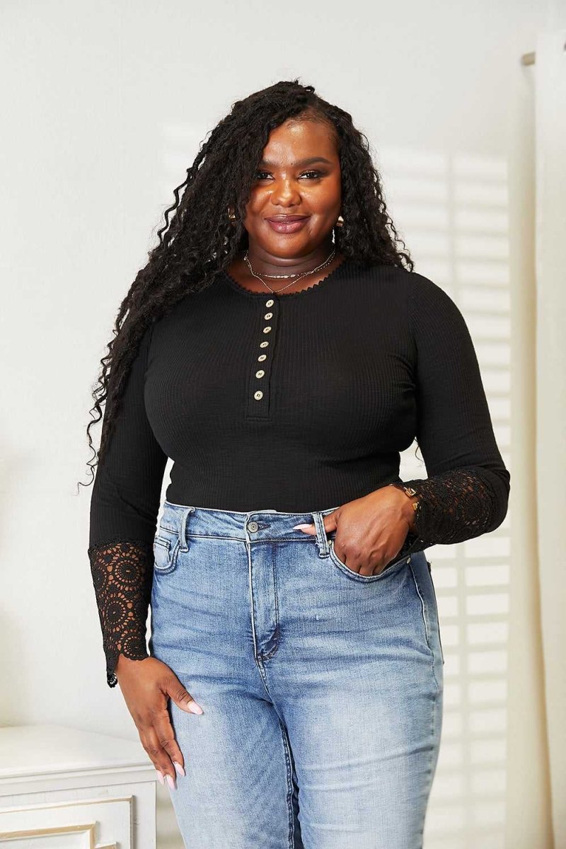Double Take Crochet Lace Hem Sleeve Button Top - Hopeford Streams