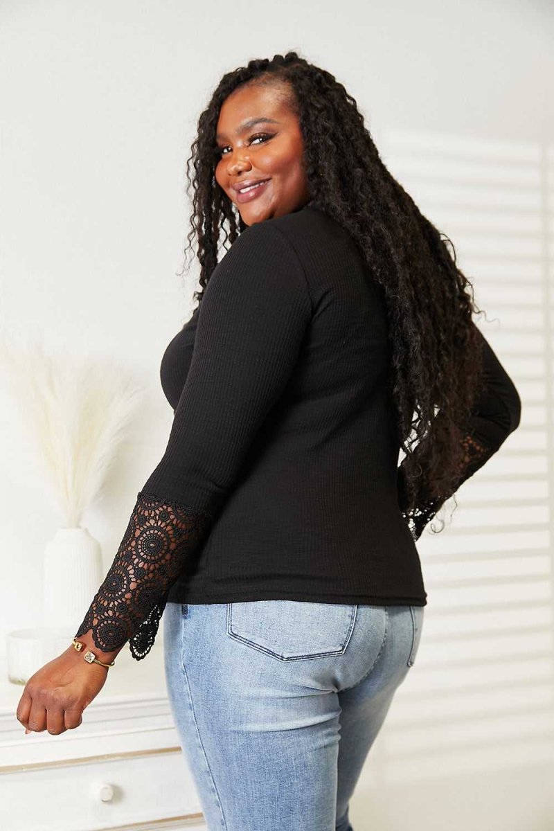Double Take Crochet Lace Hem Sleeve Button Top - Hopeford Streams