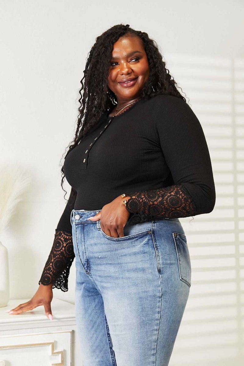 Double Take Crochet Lace Hem Sleeve Button Top - Hopeford Streams