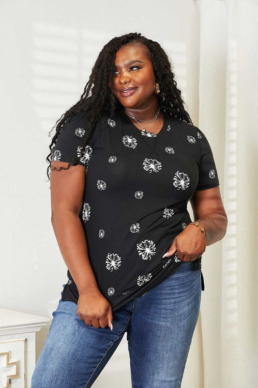 Double Take Dandelion Print Round Neck T-Shirt - Hopeford Streams