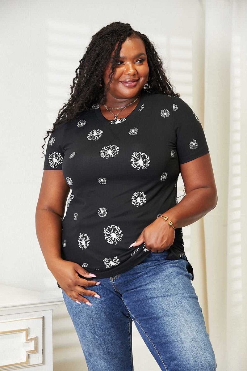 Double Take Dandelion Print Round Neck T-Shirt - Hopeford Streams