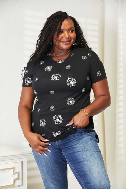 Double Take Dandelion Print Round Neck T-Shirt - Hopeford Streams