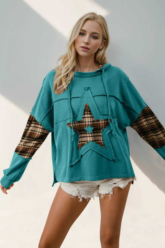 Double Take Drawstring Plaid Star Patch Long Sleeve Hoodie - Hopeford Streams