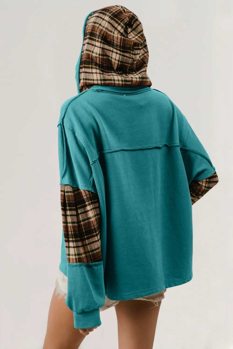 Double Take Drawstring Plaid Star Patch Long Sleeve Hoodie - Hopeford Streams