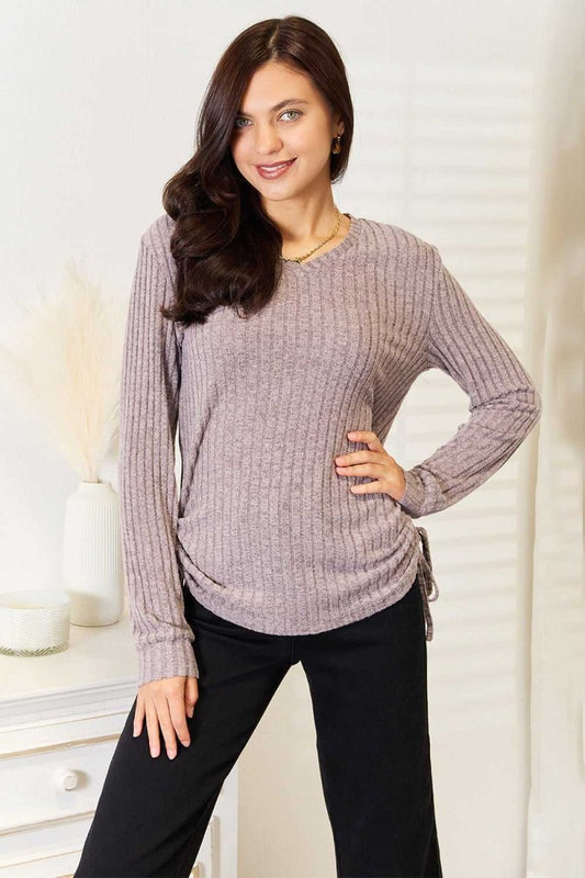 Double Take Drawstring Ribbed Long Sleeve T-Shirt - Hopeford Streams