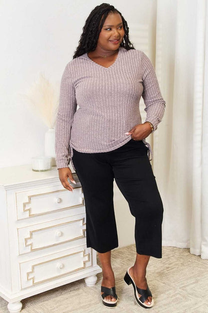 Double Take Drawstring Ribbed Long Sleeve T-Shirt - Hopeford Streams