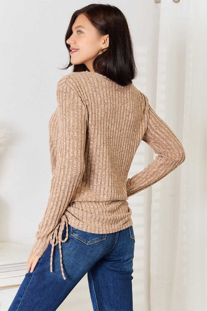 Double Take Drawstring Ribbed Long Sleeve T-Shirt - Hopeford Streams