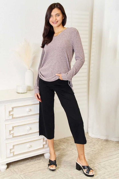 Double Take Drawstring Ribbed Long Sleeve T-Shirt - Hopeford Streams
