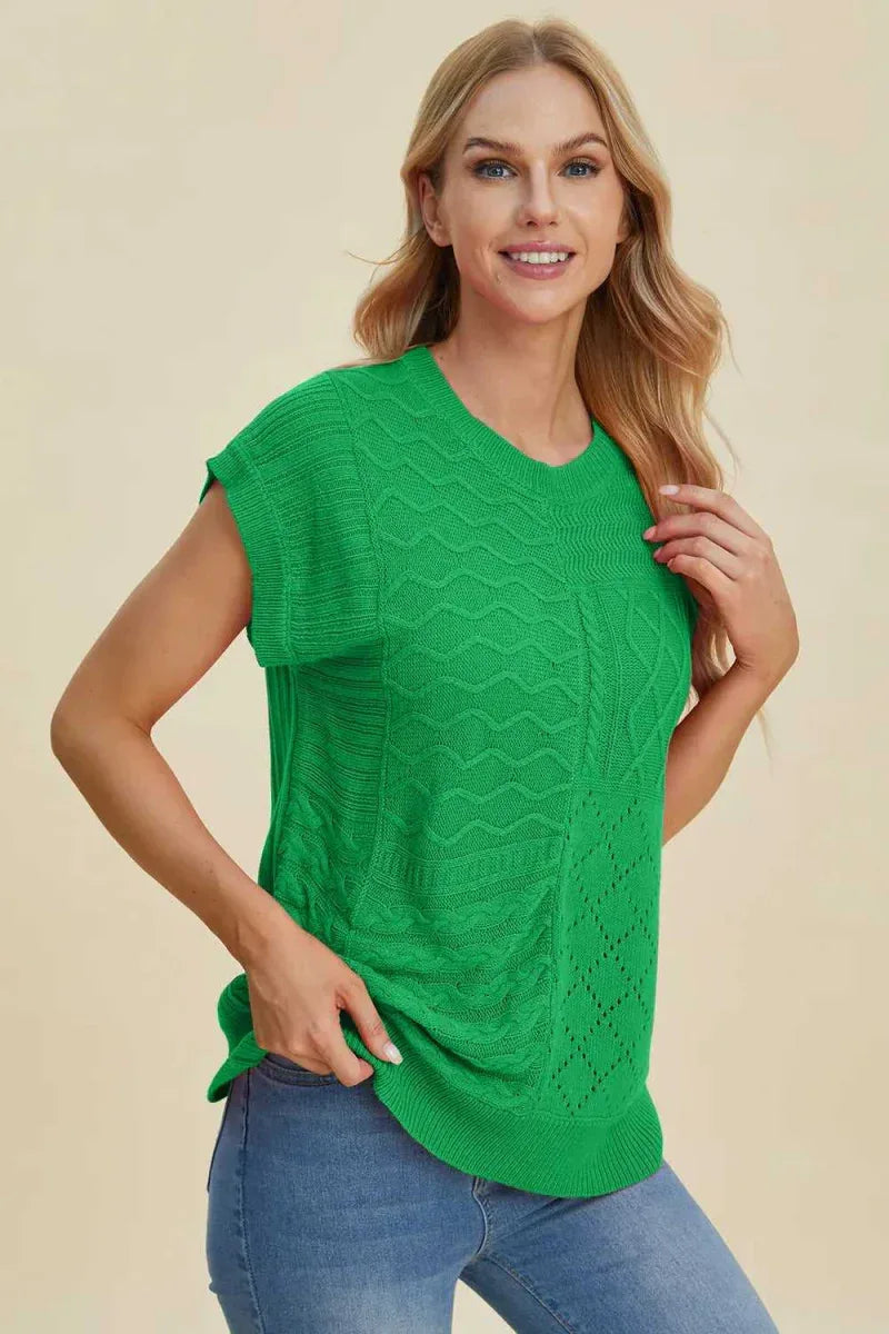 Double Take Full Size Cable-Knit Round Neck Cap Sleeve Sweater -- 