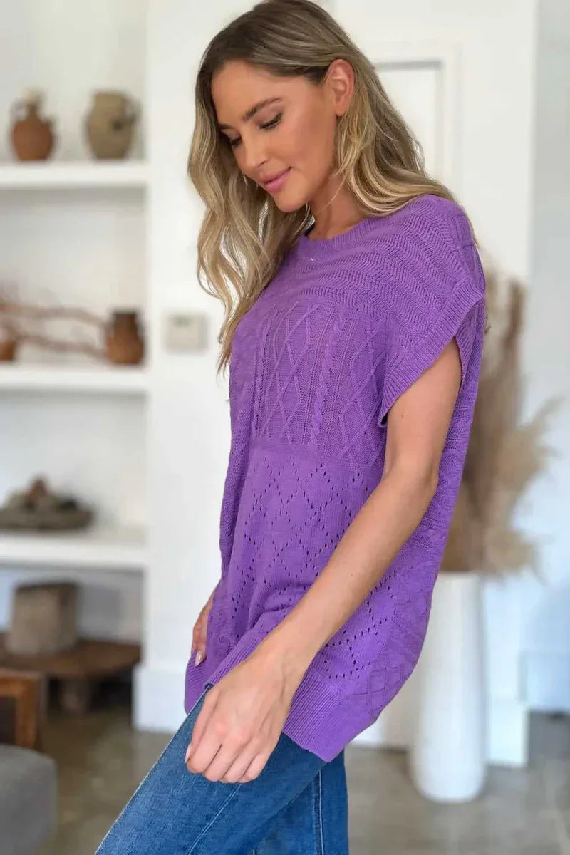 Double Take Full Size Cable-Knit Round Neck Cap Sleeve Sweater -- 