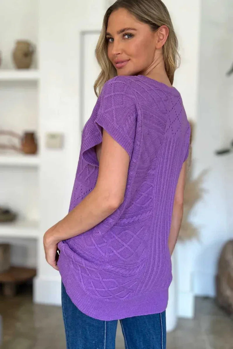 Double Take Full Size Cable-Knit Round Neck Cap Sleeve Sweater -- 