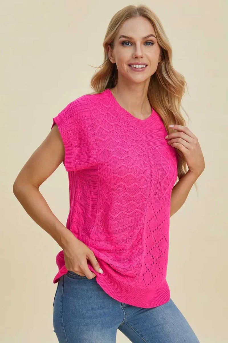 Double Take Full Size Cable-Knit Round Neck Cap Sleeve Sweater -- 