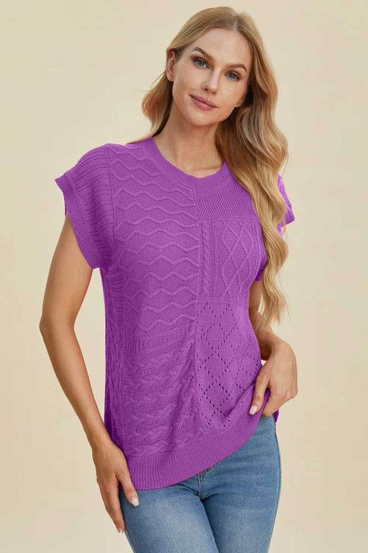 Double Take Full Size Cable - Knit Round Neck Cap Sleeve Sweater - Hopeford Streams