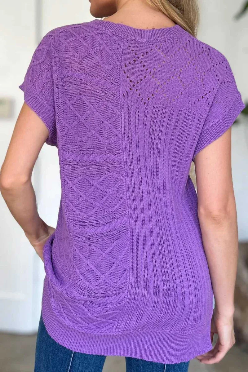 Double Take Full Size Cable-Knit Round Neck Cap Sleeve Sweater -- 