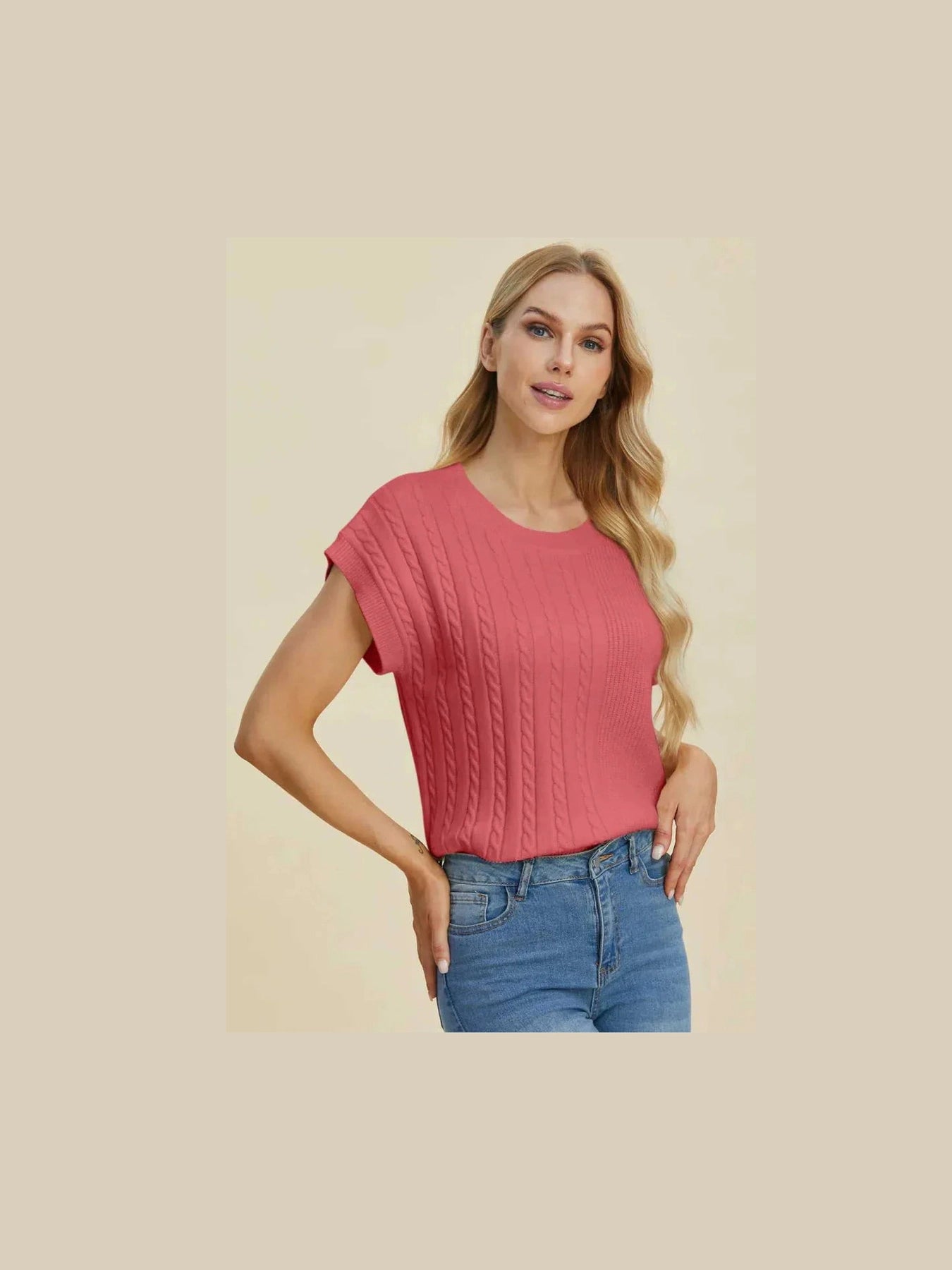 Double Take Full Size Cable-Knit Round Neck Short Sleeve Sweater -- 