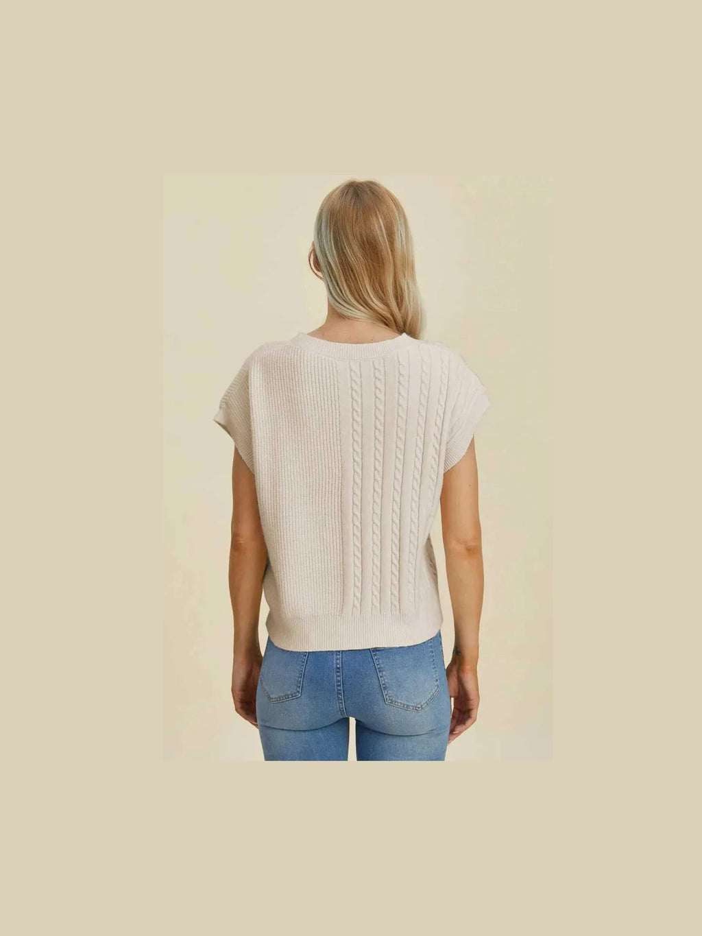 Double Take Full Size Cable-Knit Round Neck Short Sleeve Sweater -- 