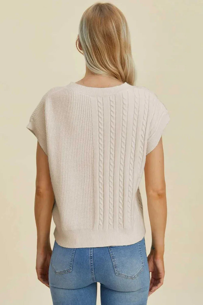 Double Take Full Size Cable-Knit Round Neck Short Sleeve Sweater -- 