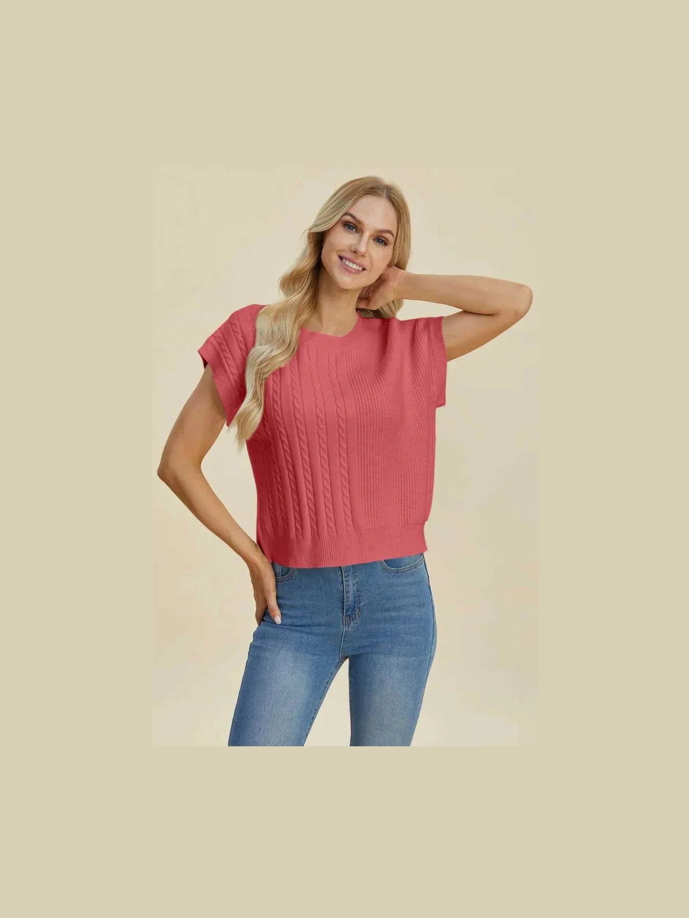 Double Take Full Size Cable-Knit Round Neck Short Sleeve Sweater -- 