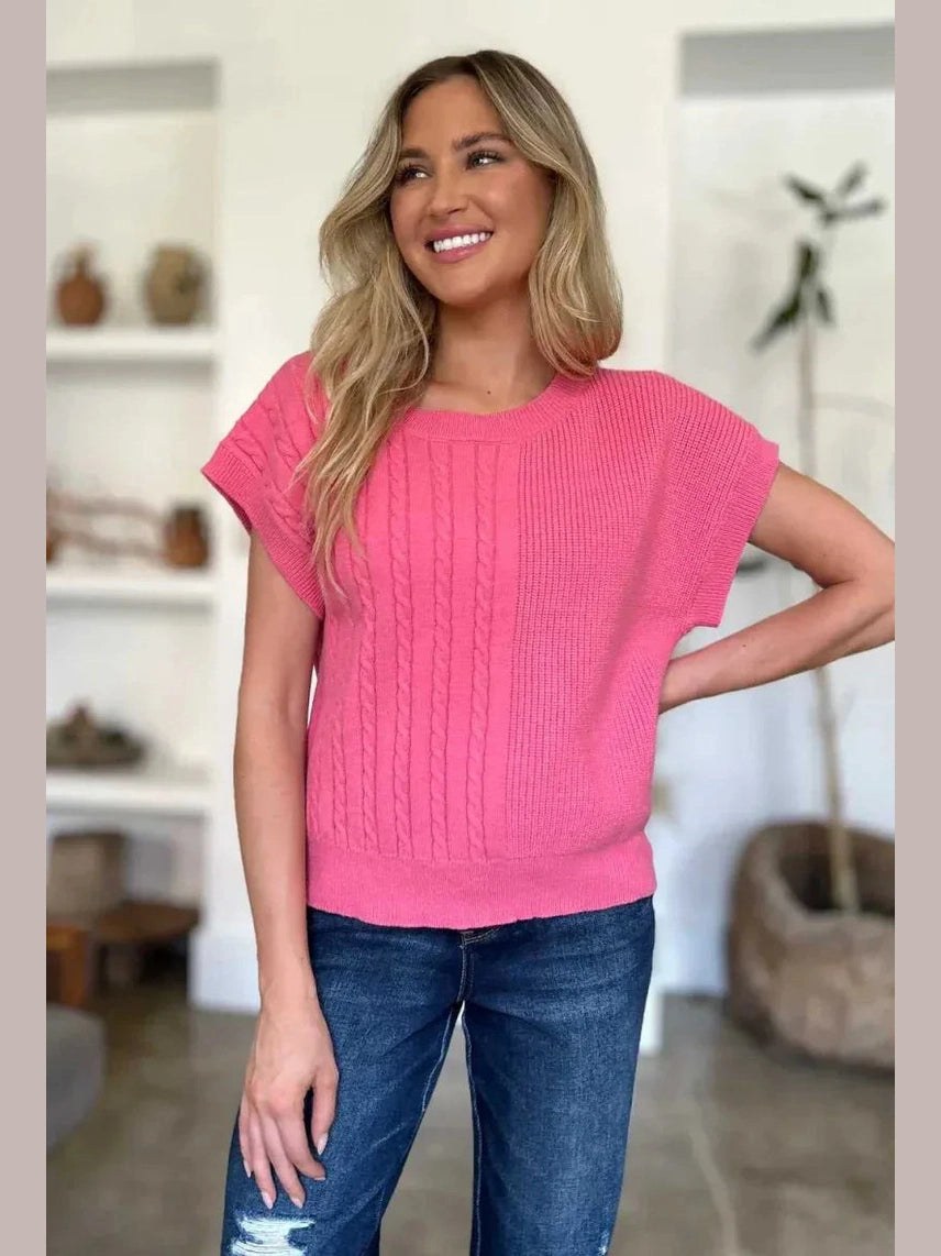 Double Take Full Size Cable-Knit Round Neck Short Sleeve Sweater -- 