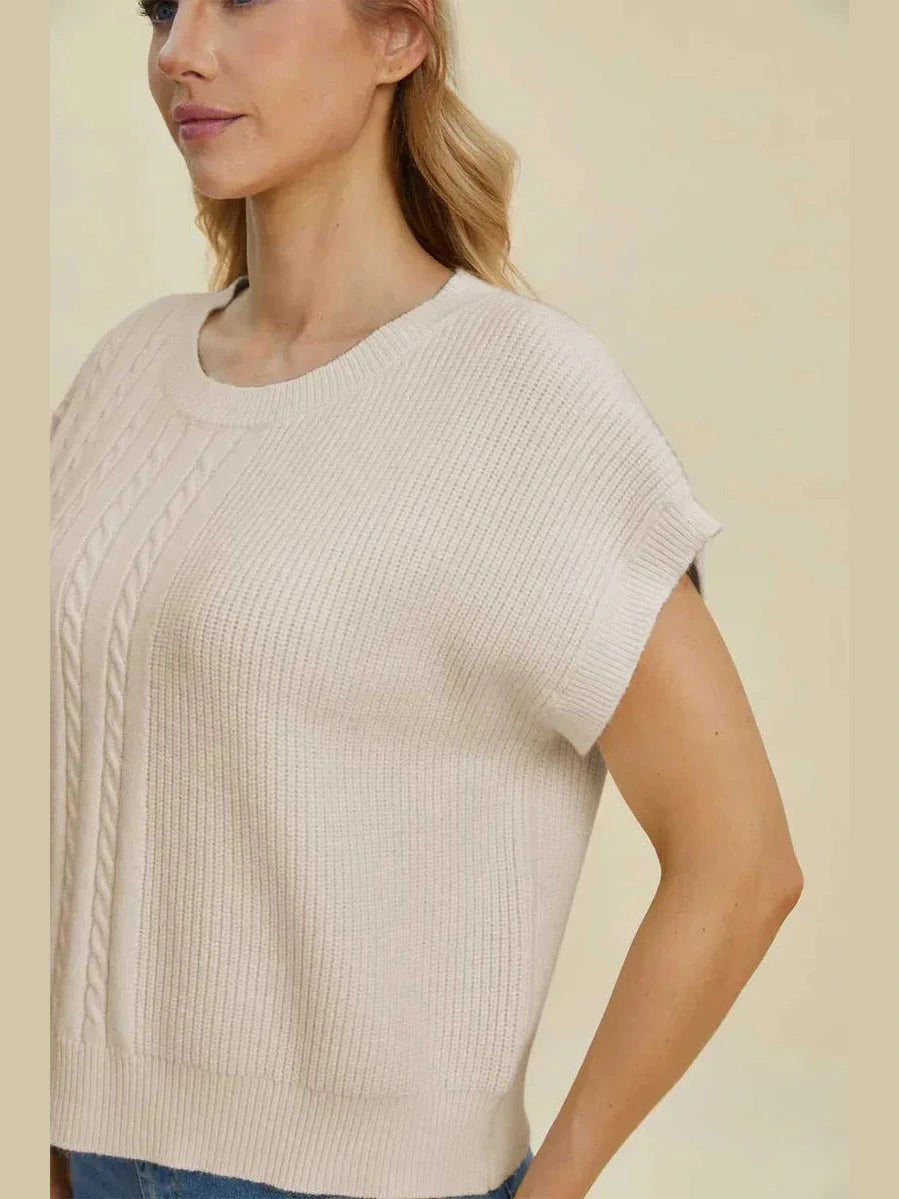 Double Take Full Size Cable-Knit Round Neck Short Sleeve Sweater -- 