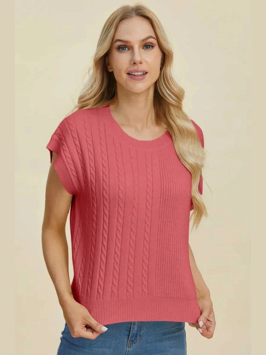 Double Take Full Size Cable-Knit Round Neck Short Sleeve Sweater -- 