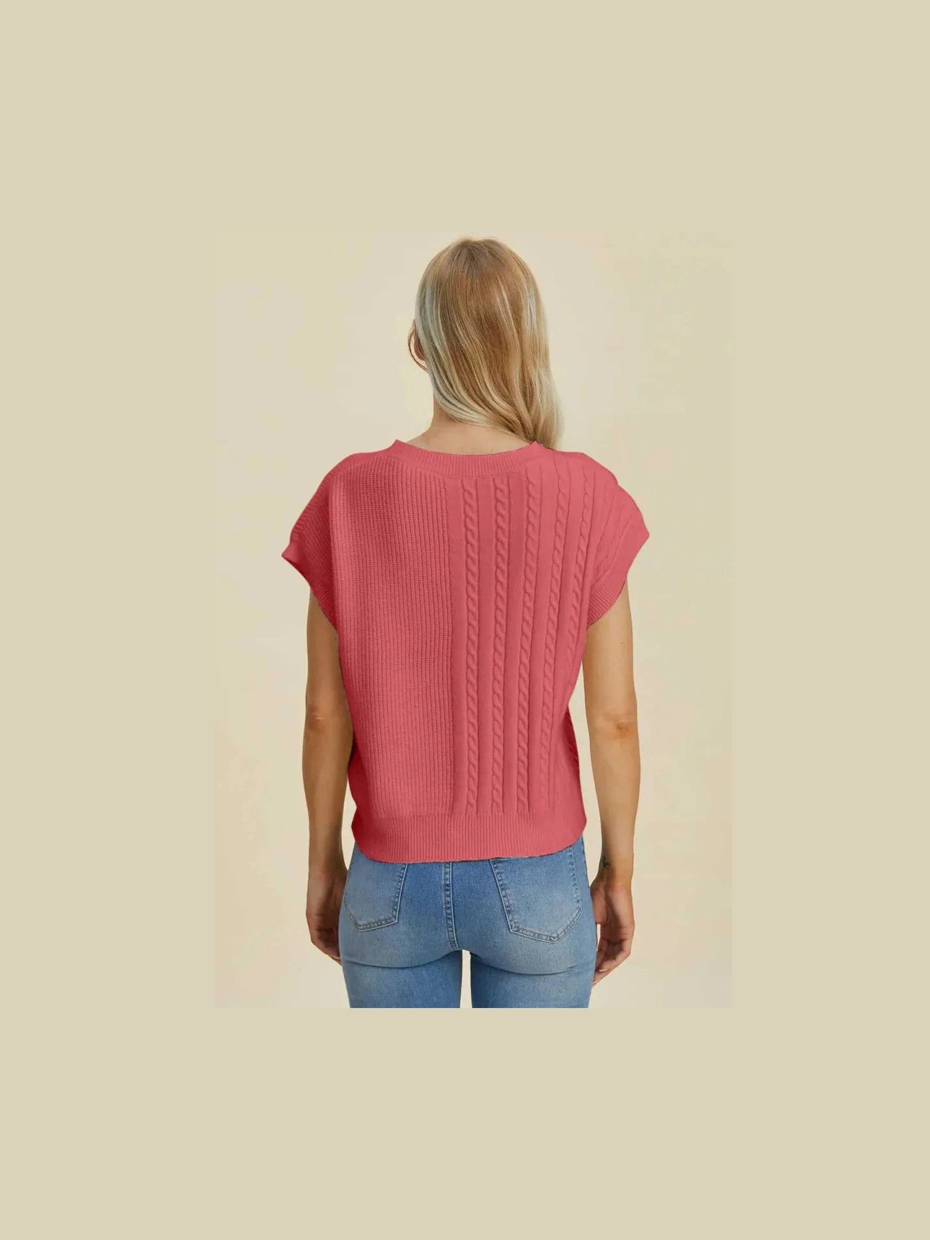 Double Take Full Size Cable-Knit Round Neck Short Sleeve Sweater -- 