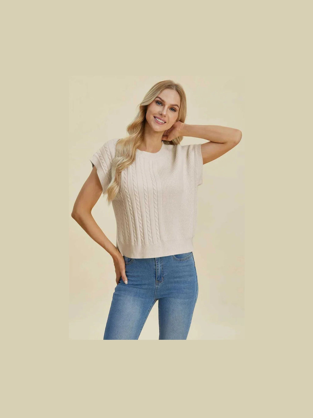 Double Take Full Size Cable-Knit Round Neck Short Sleeve Sweater -- 