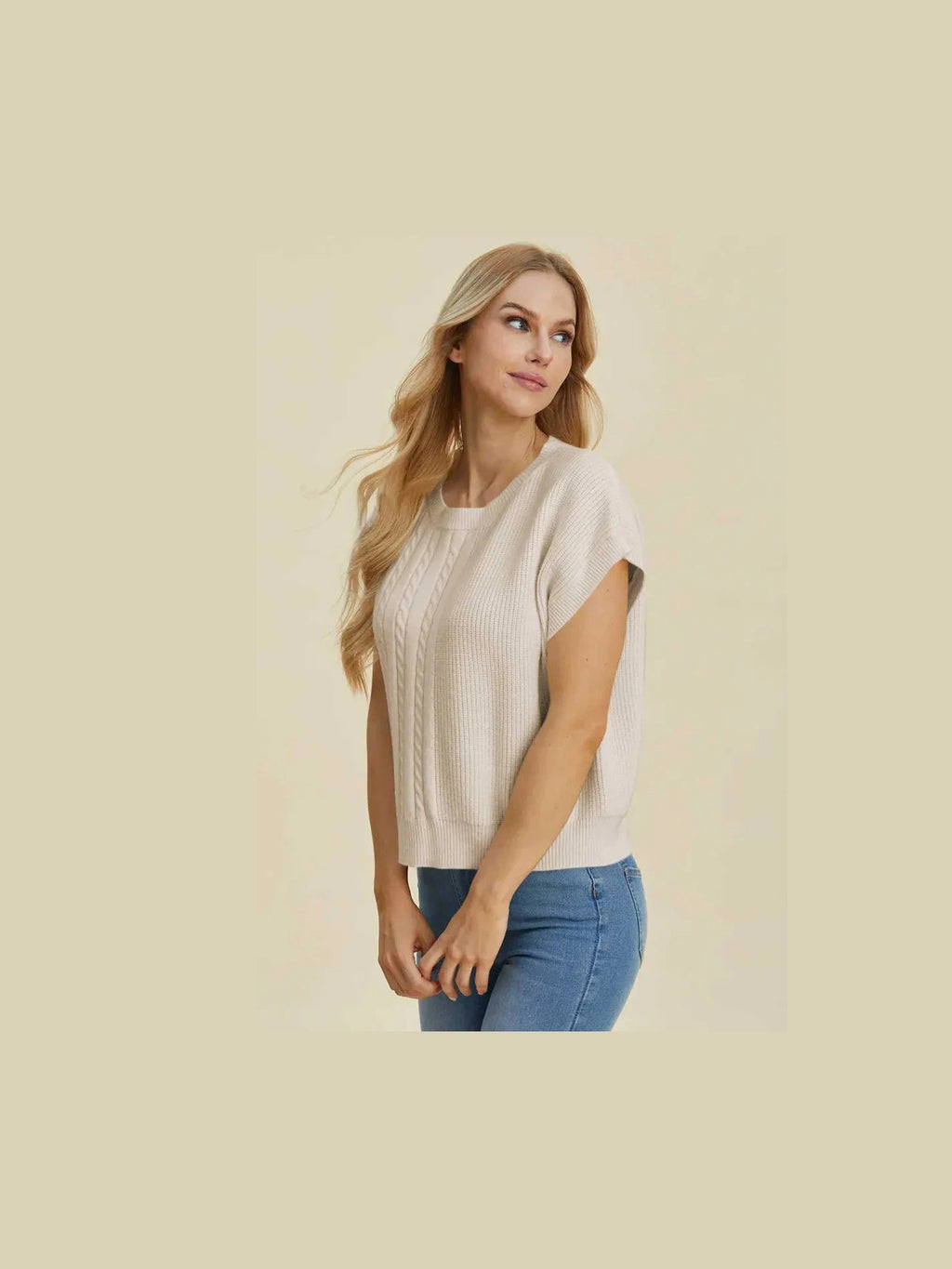 Double Take Full Size Cable-Knit Round Neck Short Sleeve Sweater -- 