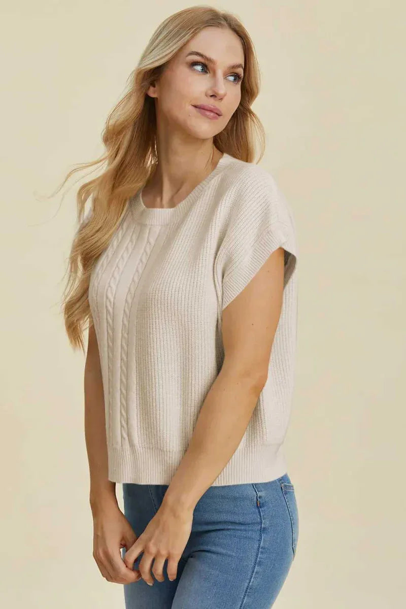 Double Take Full Size Cable-Knit Round Neck Short Sleeve Sweater -- 