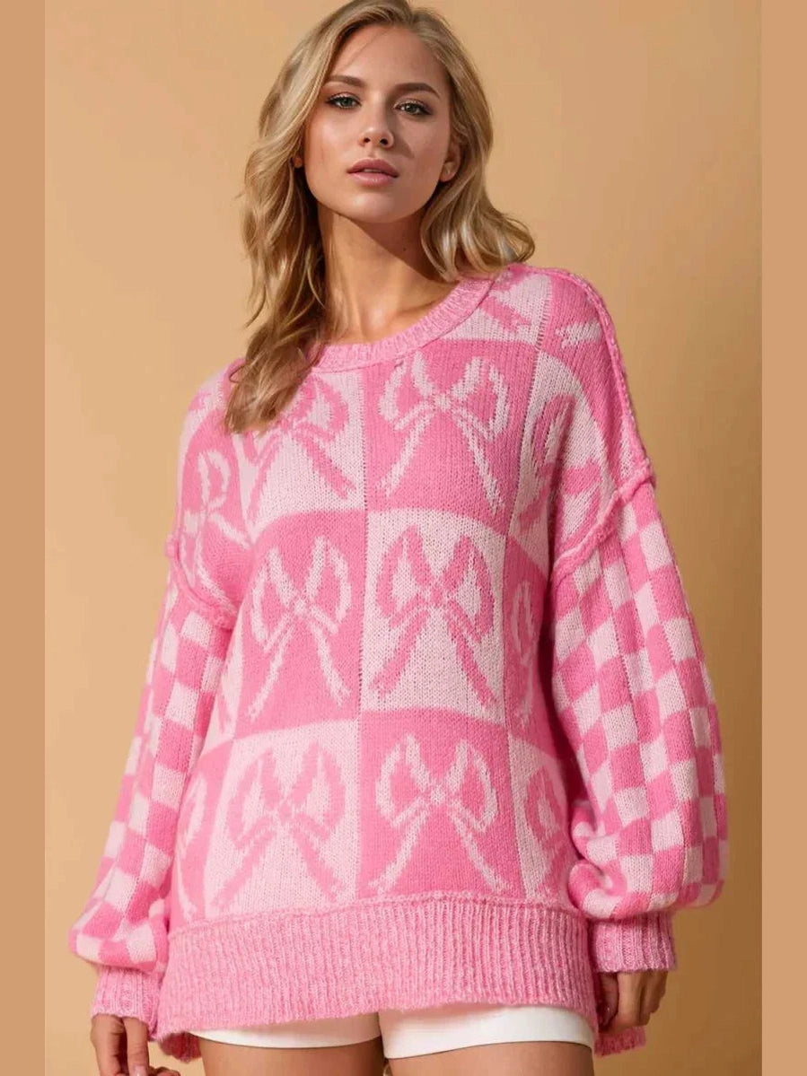 Double Take Full Size Checkered Bow Contrast Long Sleeve Sweater -- 