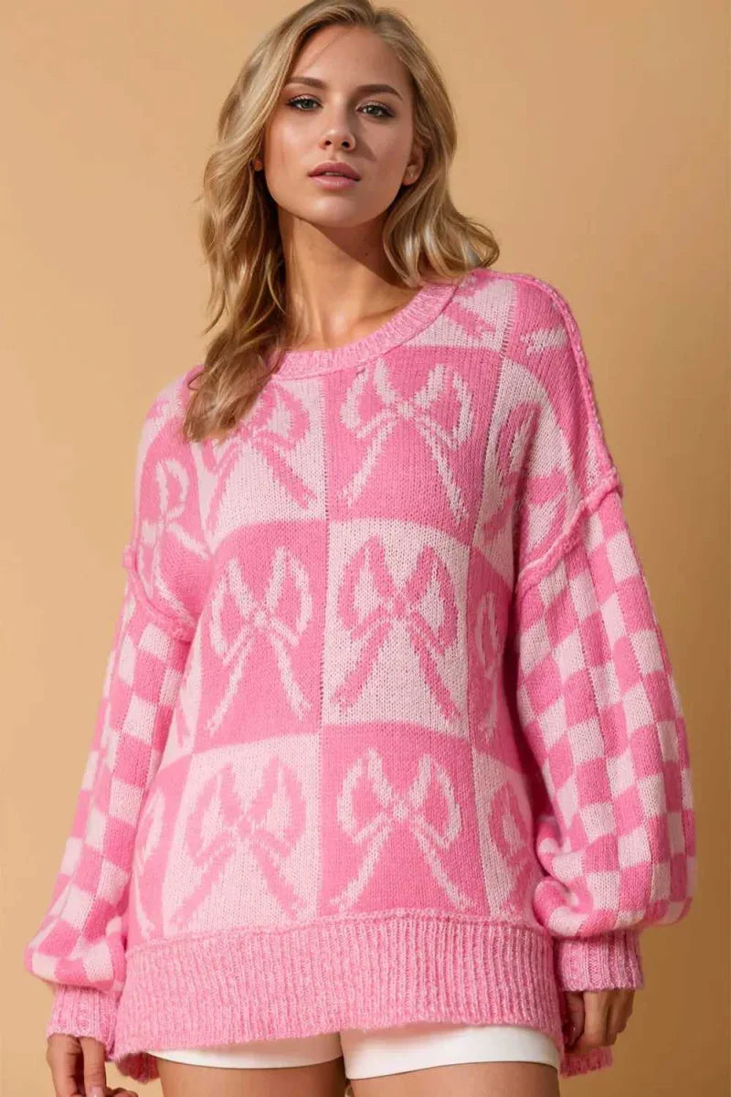 Double Take Full Size Checkered Bow Contrast Long Sleeve Sweater -- 