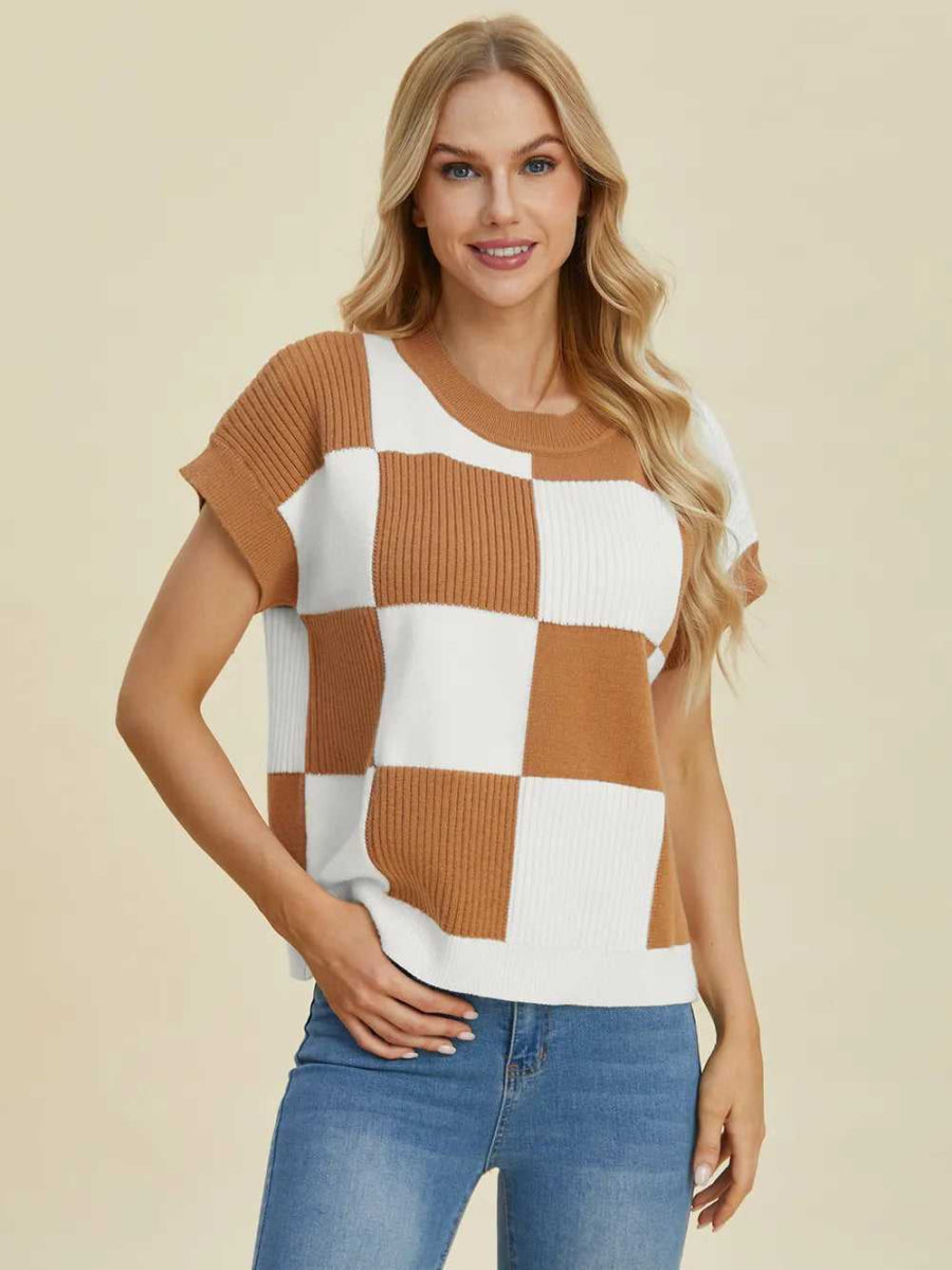 Double Take Full Size Checkered Round Neck Short Sleeve Sweater - Hopeford Streams