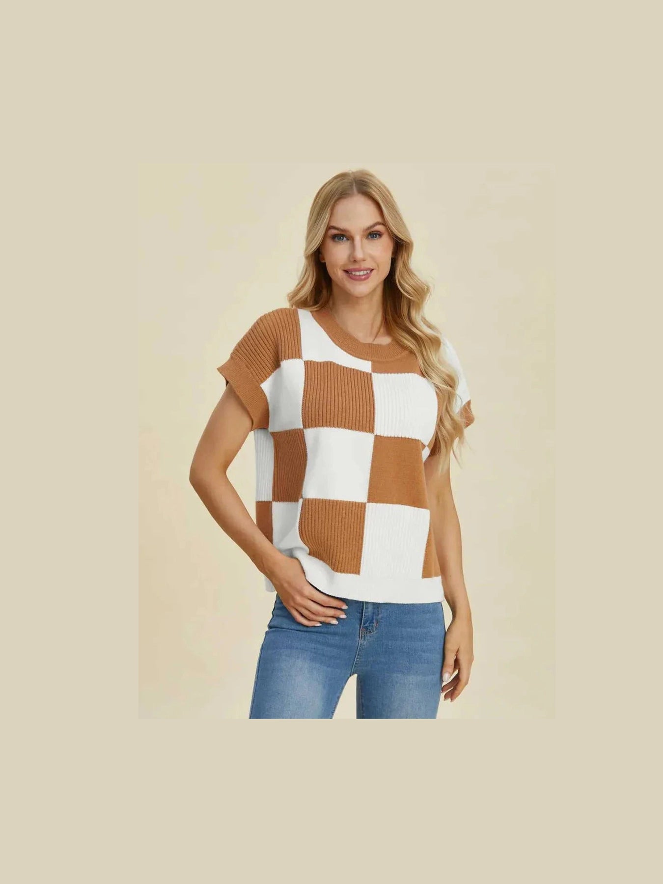 Double Take Full Size Checkered Round Neck Short Sleeve Sweater -- 