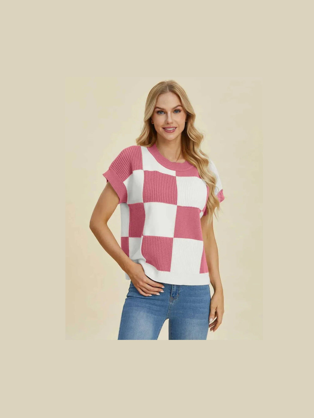 Double Take Full Size Checkered Round Neck Short Sleeve Sweater -- 