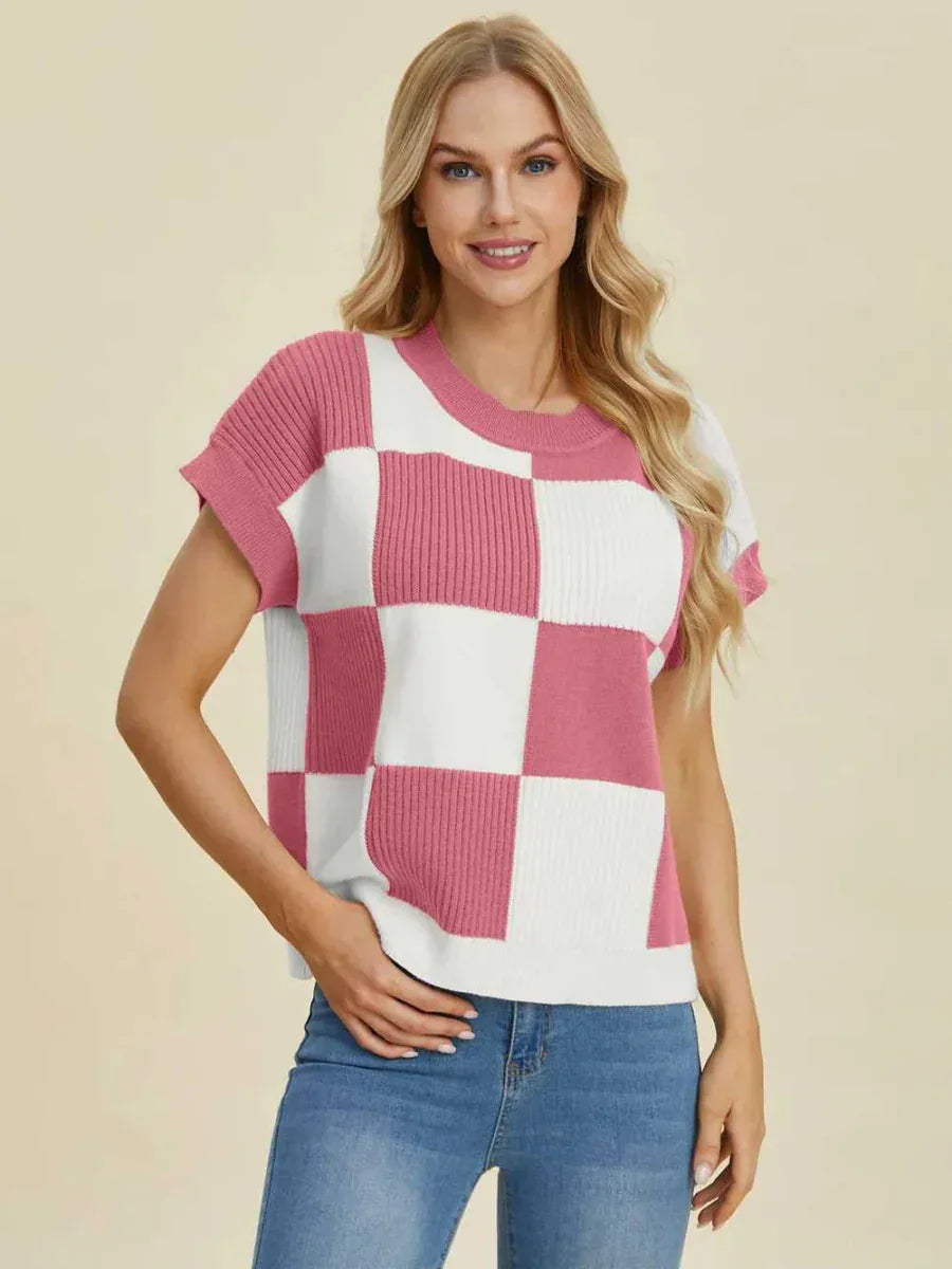 Double Take Full Size Checkered Round Neck Short Sleeve Sweater -- 
