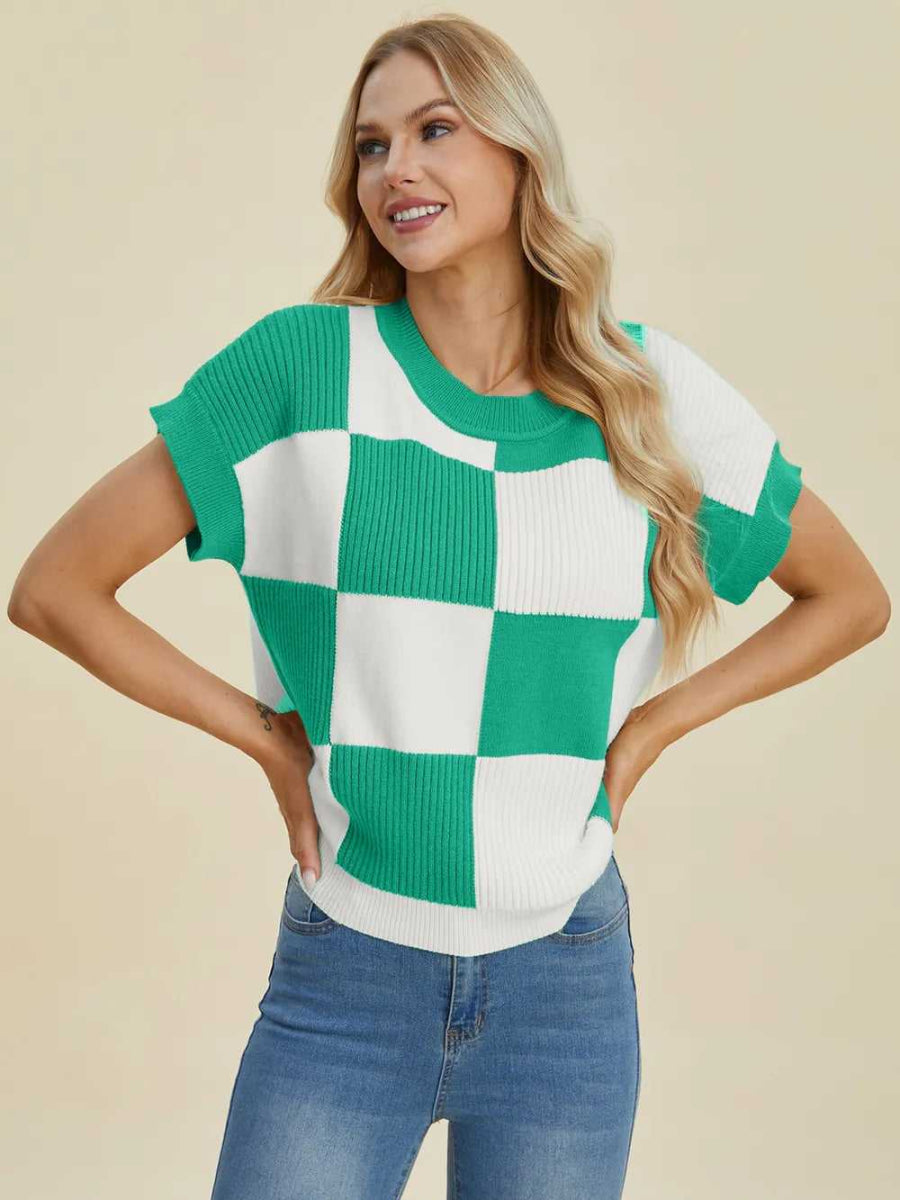 Double Take Full Size Checkered Round Neck Short Sleeve Sweater - Hopeford Streams