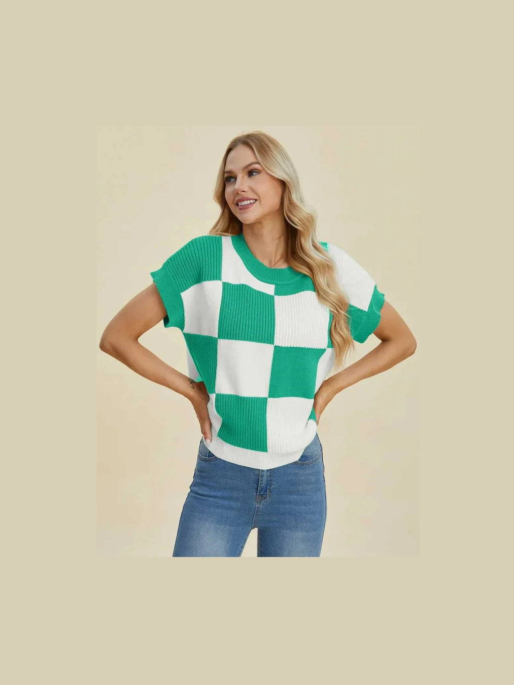 Double Take Full Size Checkered Round Neck Short Sleeve Sweater -- 