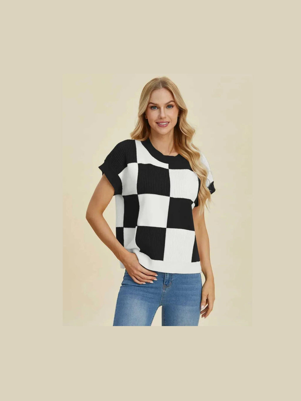 Double Take Full Size Checkered Round Neck Short Sleeve Sweater -- 