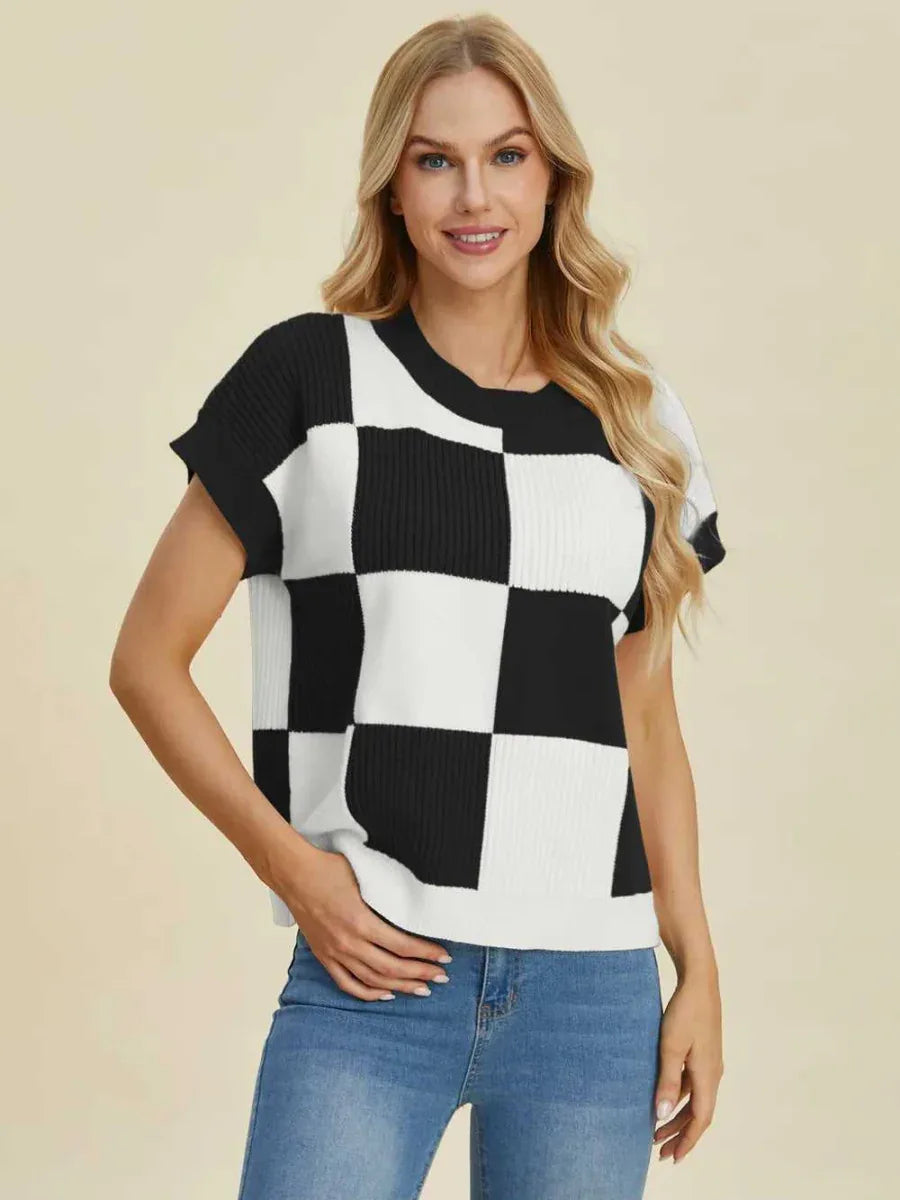 Double Take Full Size Checkered Round Neck Short Sleeve Sweater -- 