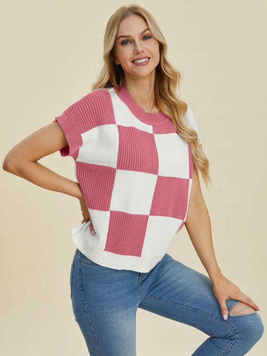 Double Take Full Size Checkered Round Neck Short Sleeve Sweater - Hopeford Streams