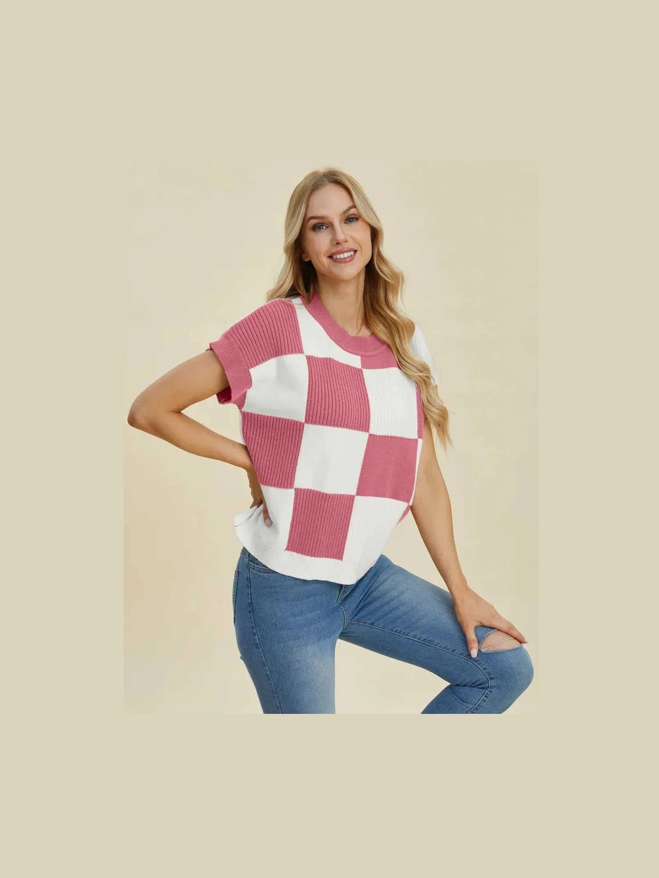 Double Take Full Size Checkered Round Neck Short Sleeve Sweater -- 