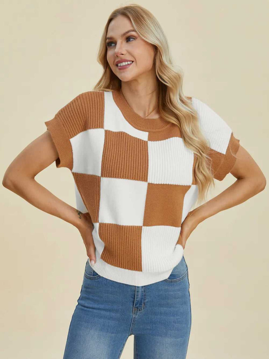 Double Take Full Size Checkered Round Neck Short Sleeve Sweater - Hopeford Streams