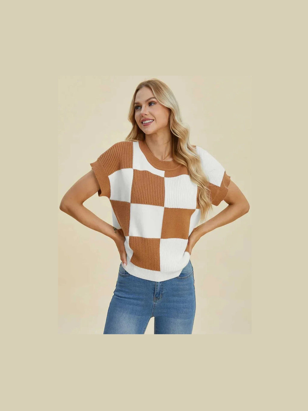 Double Take Full Size Checkered Round Neck Short Sleeve Sweater -- 