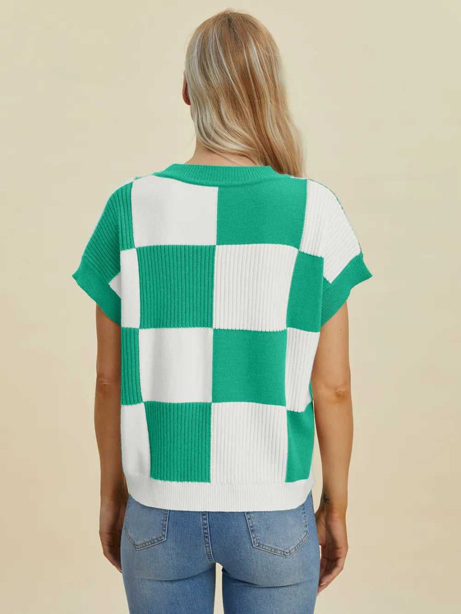 Double Take Full Size Checkered Round Neck Short Sleeve Sweater - Hopeford Streams