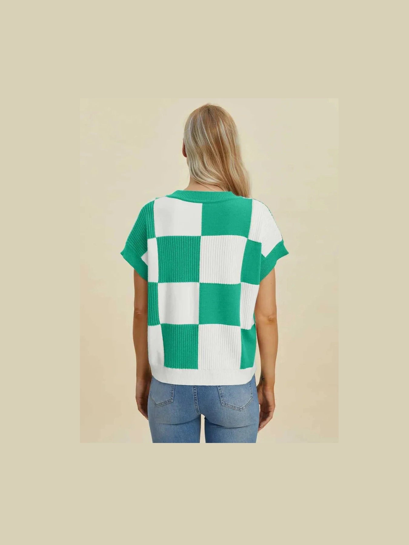 Double Take Full Size Checkered Round Neck Short Sleeve Sweater -- 
