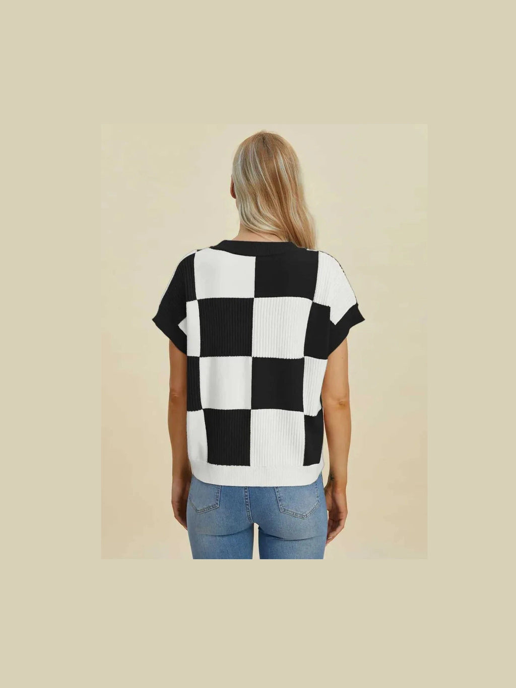 Double Take Full Size Checkered Round Neck Short Sleeve Sweater -- 