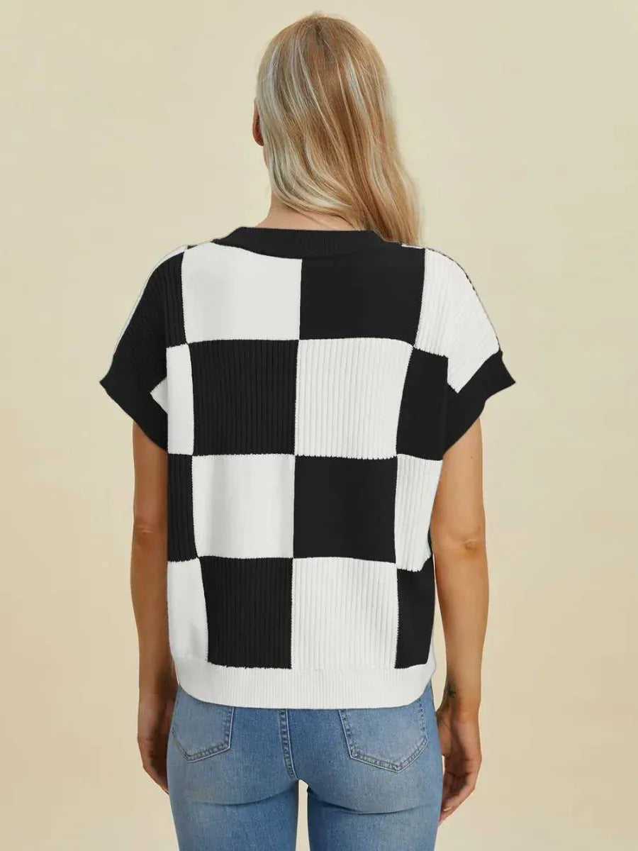 Double Take Full Size Checkered Round Neck Short Sleeve Sweater -- 