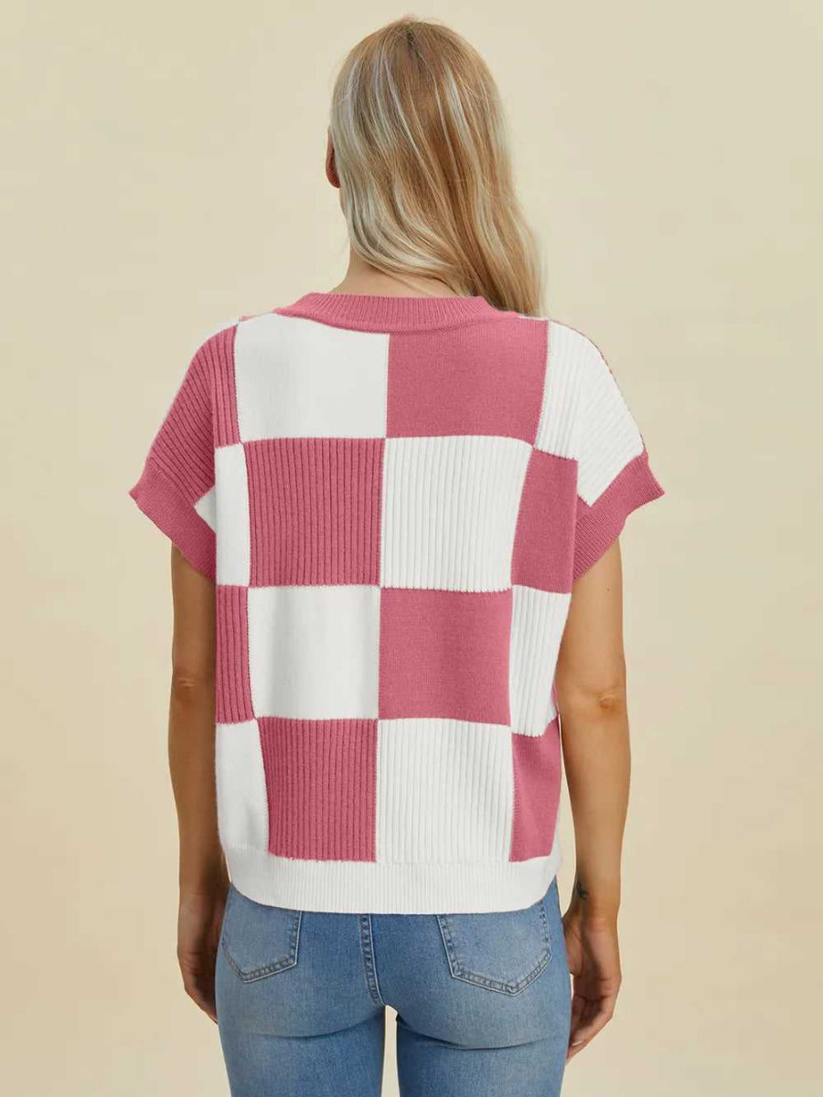 Double Take Full Size Checkered Round Neck Short Sleeve Sweater - Hopeford Streams