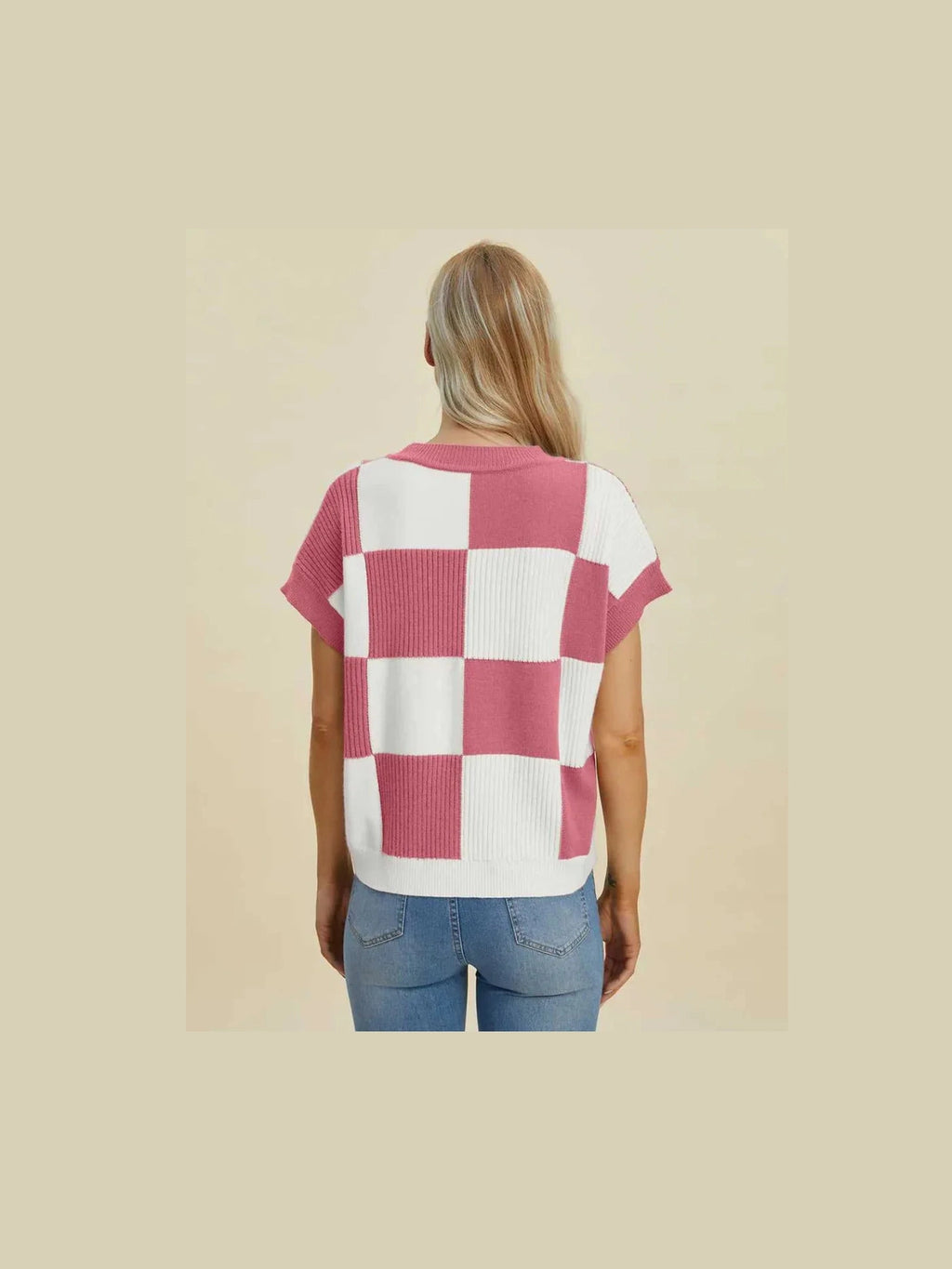 Double Take Full Size Checkered Round Neck Short Sleeve Sweater -- 